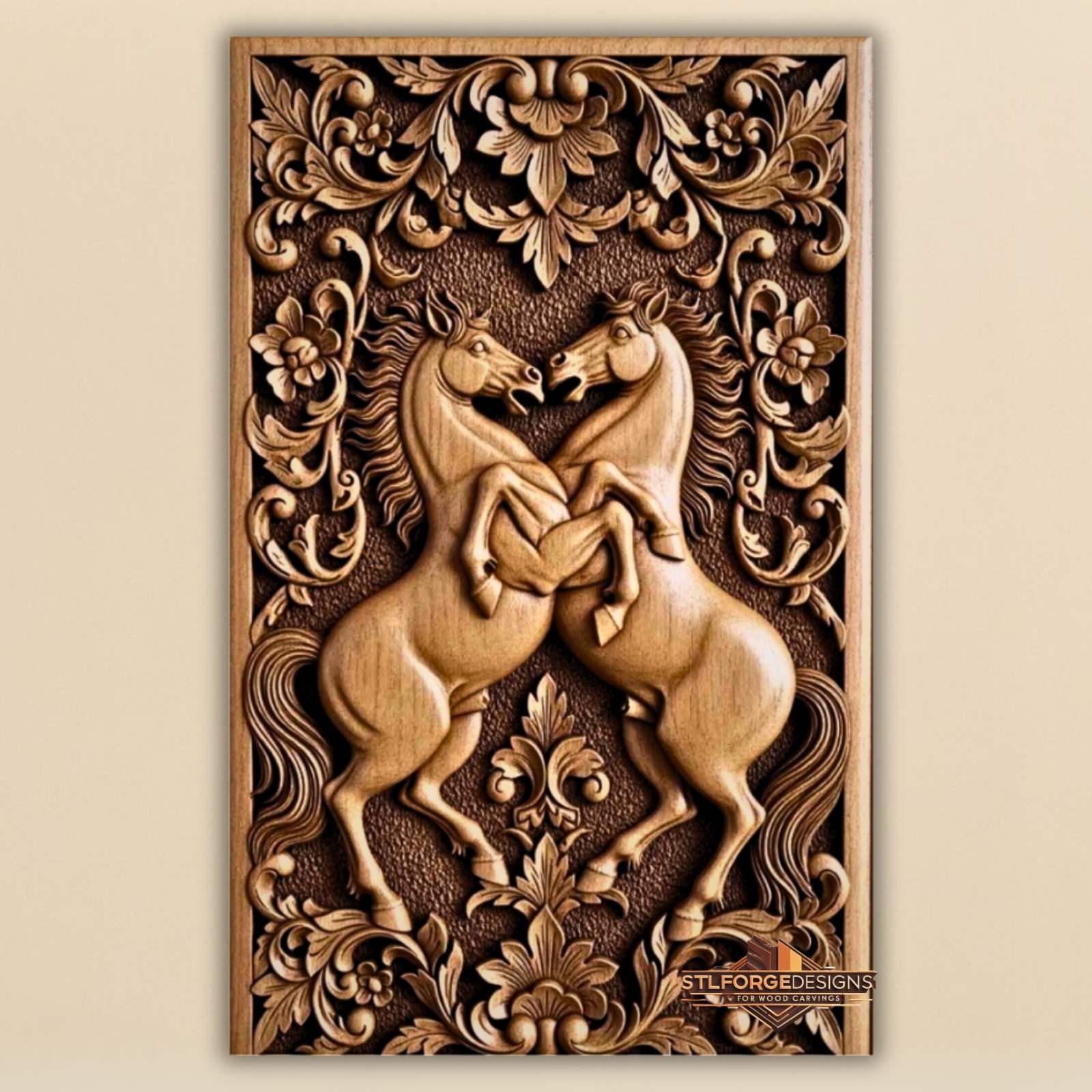 Rearing horses baroque STL CNC 3D relief — two horses rearing in mirror pose with baroque floral frame and textured background, wood carving model