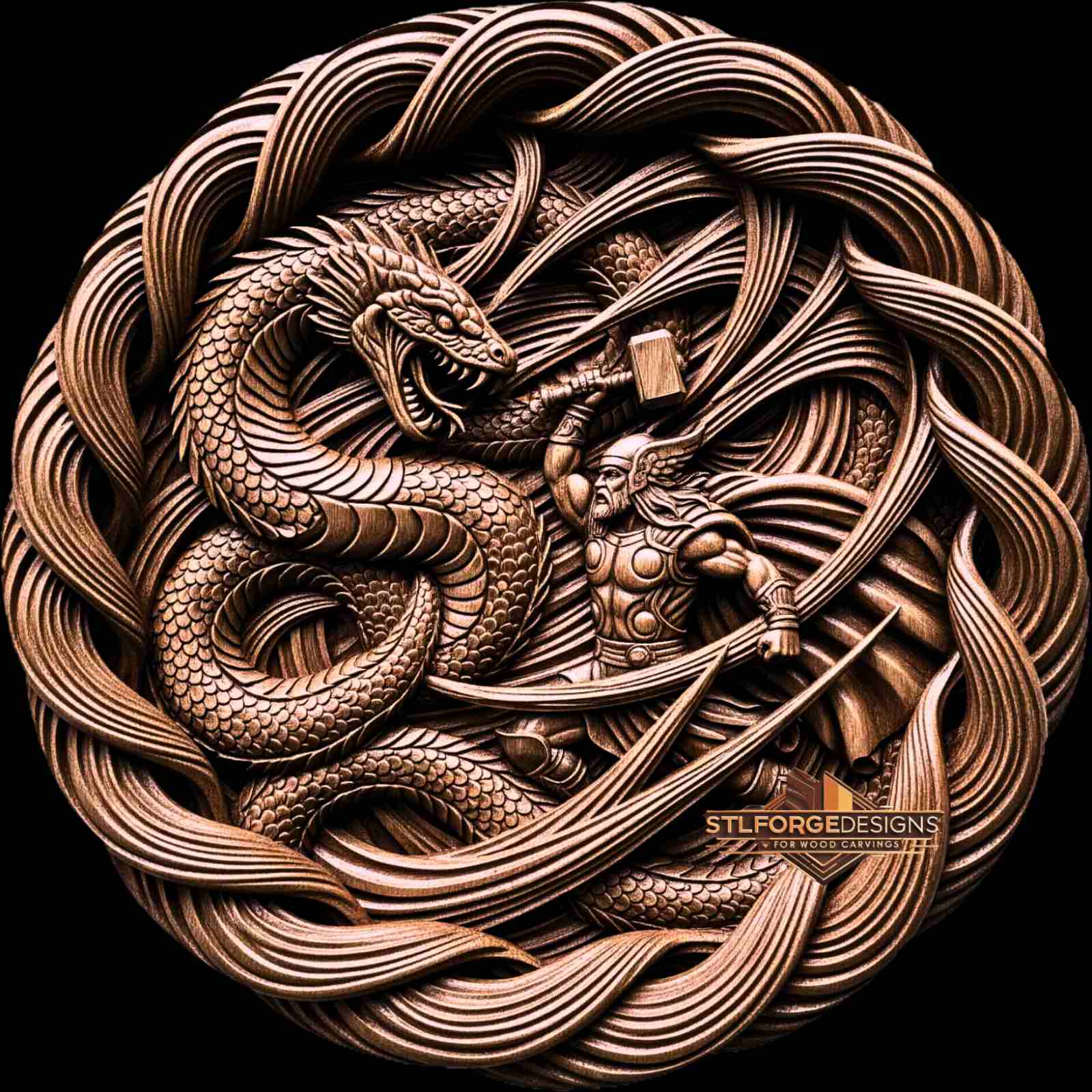Detail STL CNC Thor Jormungandr wave — concentric wave lines Thor at center Jormungandr surrounds with scales braided outer border