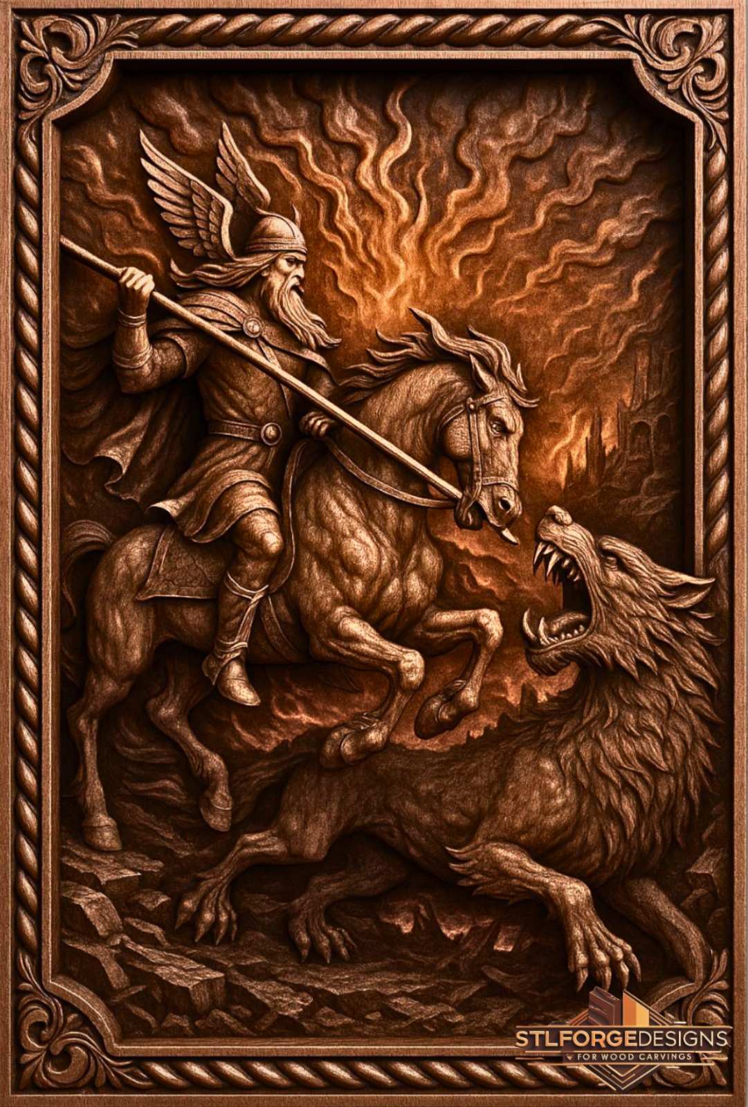 Detail STL CNC Odin Sleipnir Fenrir Norse — Odin with winged helmet on rearing horse Gungnir aimed at Fenrir enormous wolf with open jaws and fiery background