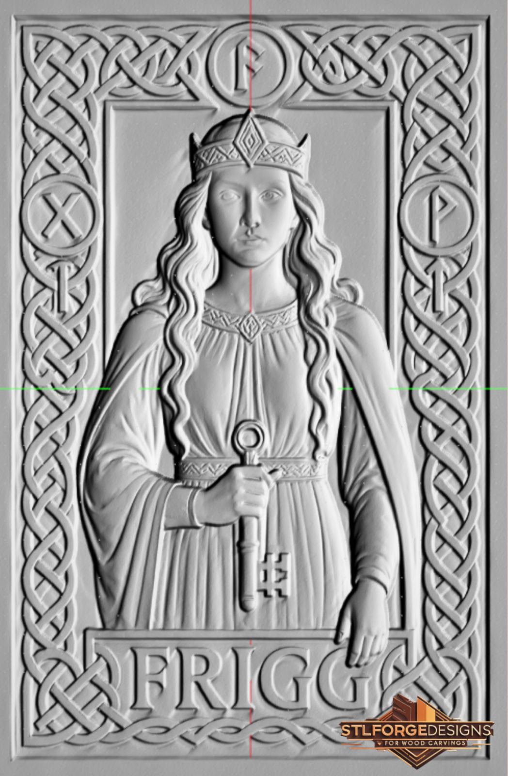 Frigg rune medallions STL CNC detail — close-up of runic medallions in frame with detailed face and crown of Frigg, deep 3D relief