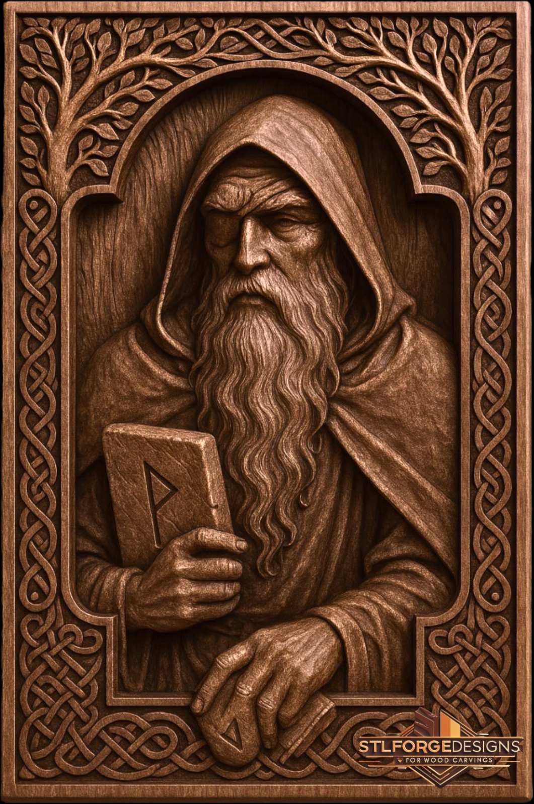 Detail STL CNC Odin wanderer Norse — hood realistic face with eye patch rune stone both hands tree with leaves arch behind Celtic frame