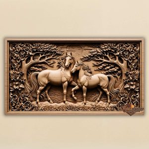 Image 1 (main): Horses floral frame STL CNC 3D relief — two horses among roses and trees with floral border and moon, wood carving model