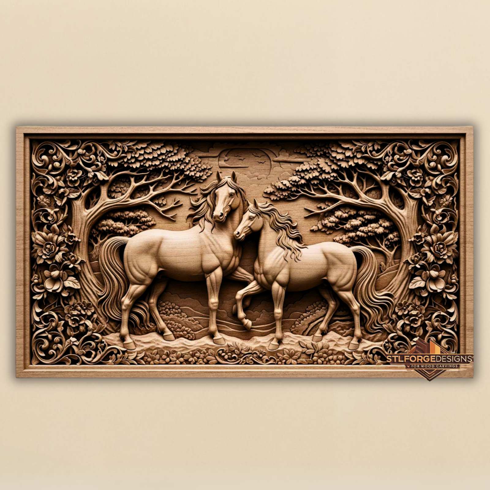 Image 1 (main): Horses floral frame STL CNC 3D relief — two horses among roses and trees with floral border and moon, wood carving model