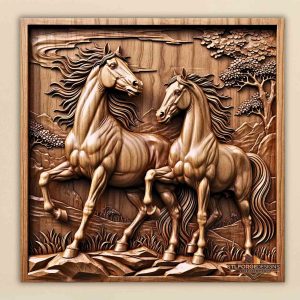 horses stl file cnc wood carving two horses mountain landscape 3D relief
