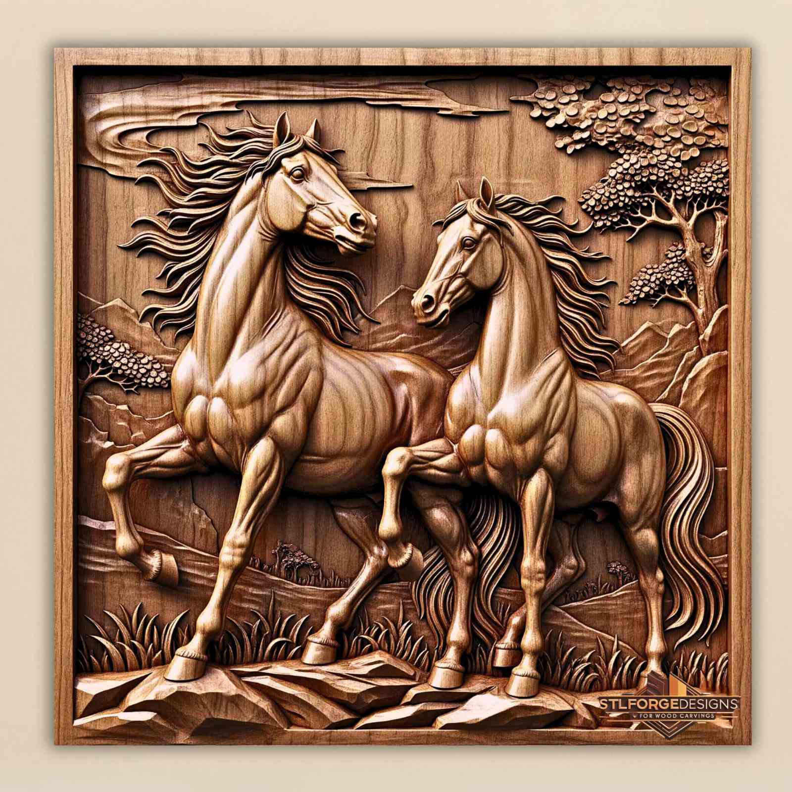 horses stl file cnc wood carving two horses mountain landscape 3D relief