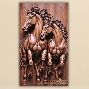 Two horses motion profile STL CNC wall panel — finished wood carving of two horses in motion powerful musculature no frame vertical format, beech wood