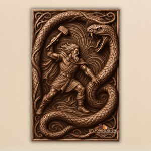 Thor Jormungandr realistic STL CNC router 3D relief — Norse realistic battle Thor without armor with Mjolnir serpent grips arm vortex wood grain background and Celtic corner accents wood carving model