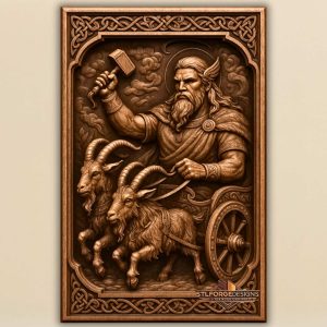 Thor chariot goats STL CNC router 3D relief — Norse god Thor on chariot with two horned goats Mjolnir raised halo clouds leather reins and Celtic arch frame wood carving model