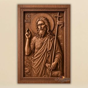 STL file Saint John the Baptist classic CNC — SV JOHN Cyrillic inscription lamb braided frame Orthodox icon CNC-ready for Aspire ArtCAM Fusion 360
