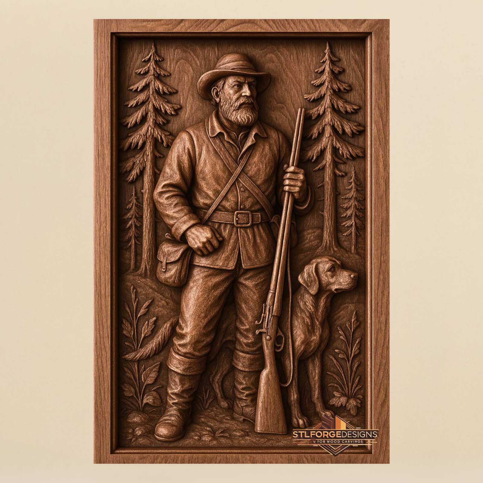 Hunter vertical rifle dog STL CNC wall panel — finished wood carving of hunter vertical rifle dog pine forest vertical format frame, beech wood
