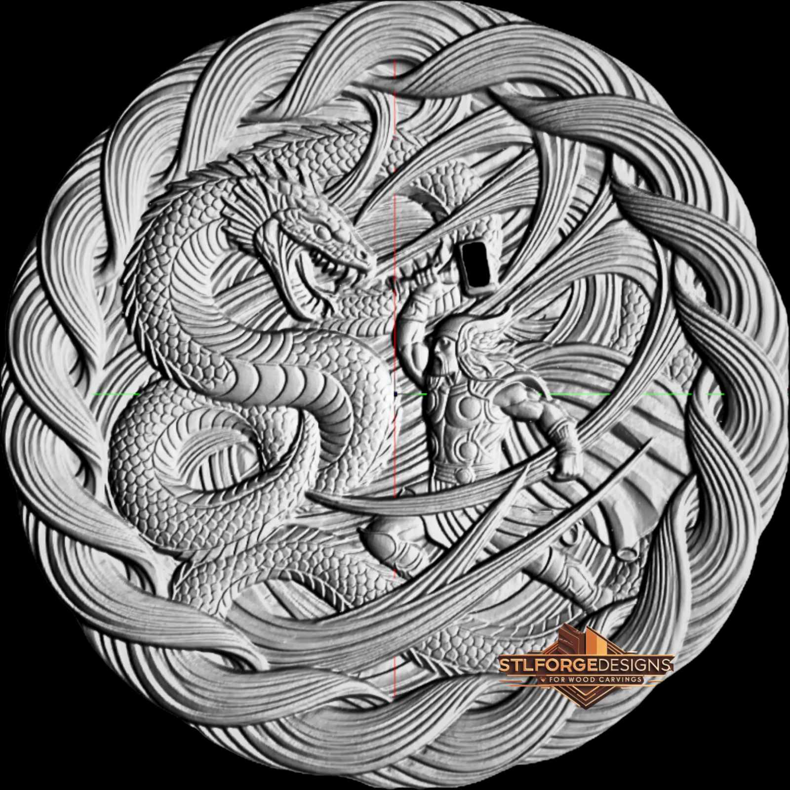 Thor Jormungandr wave medallion STL CNC router 3D relief — circular Norse medallion Thor with Mjolnir surrounded by Jormungandr concentric wave lines and braided border wood carving model
