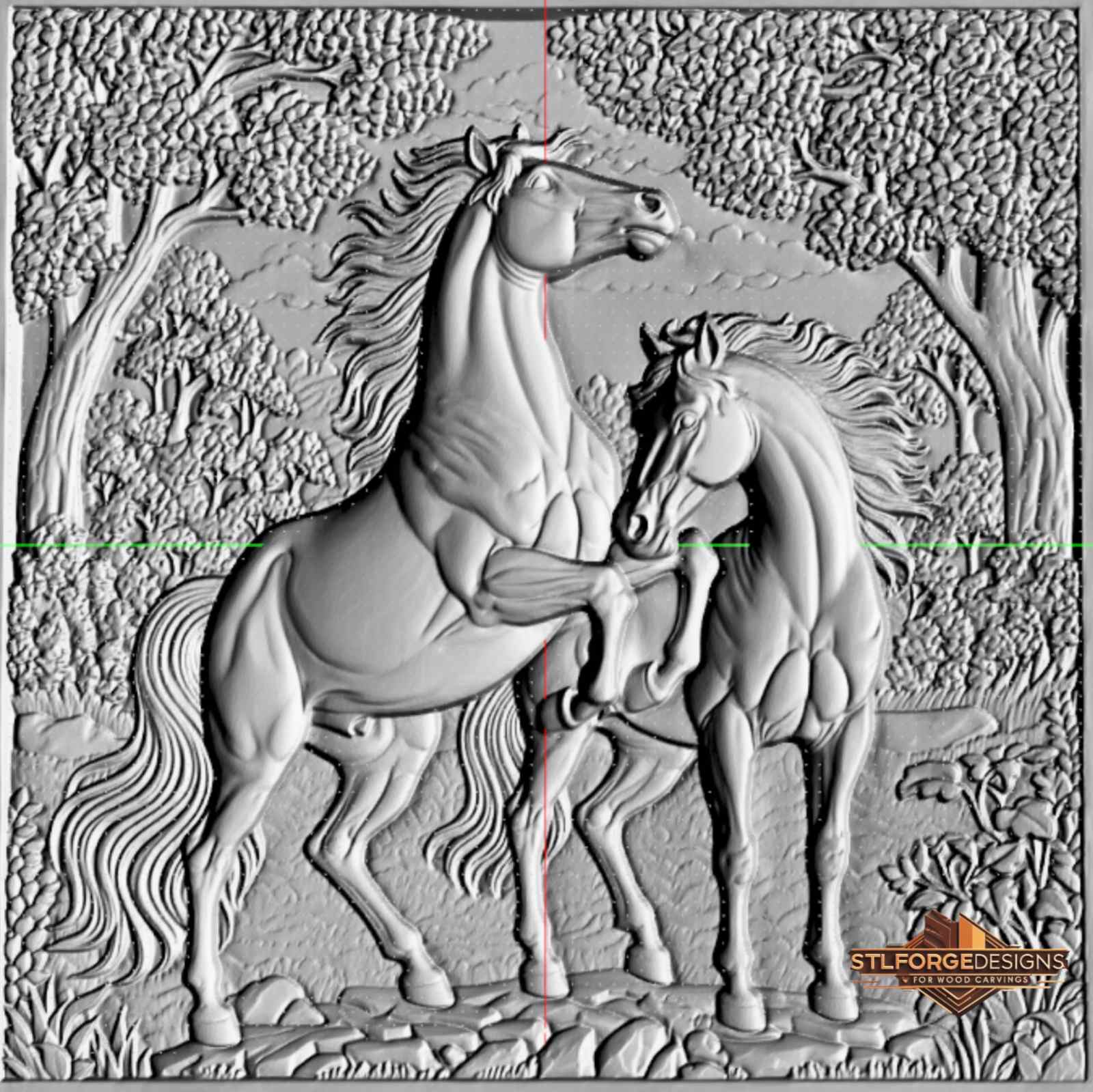 two horses CNC wood carving rearing horse forest leaves rocks STL file