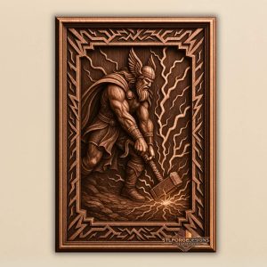Thor Mjolnir STL CNC 3D relief — Norse god of thunder striking the earth with lightning and winged helm, wood carving model