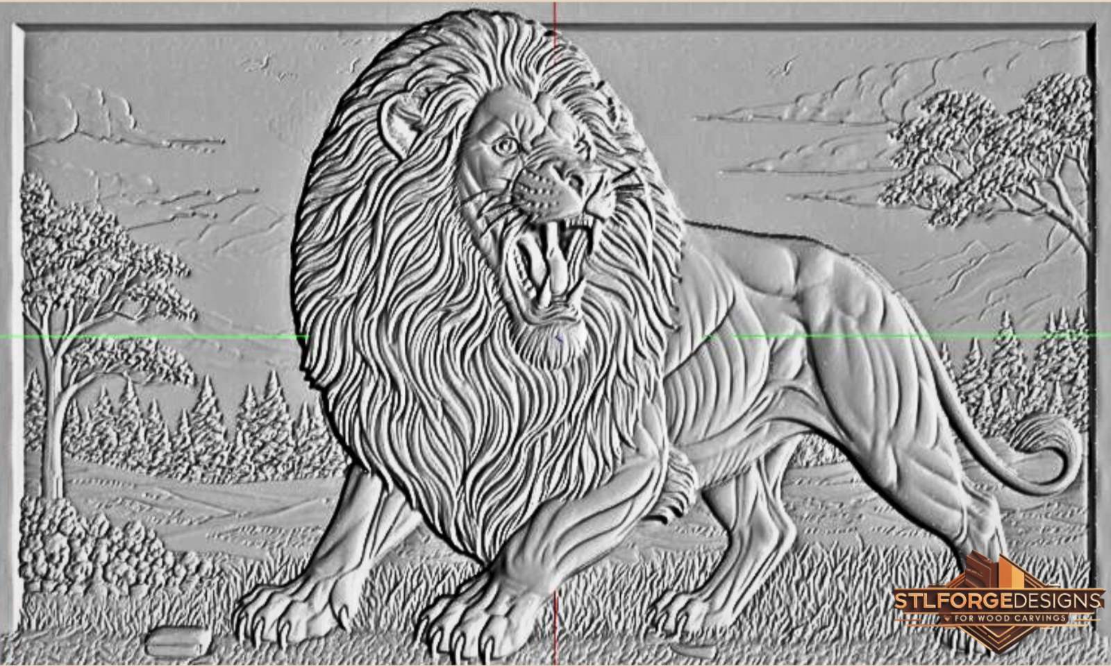 attacking lion CNC wood carving framed panel 3D relief STL file