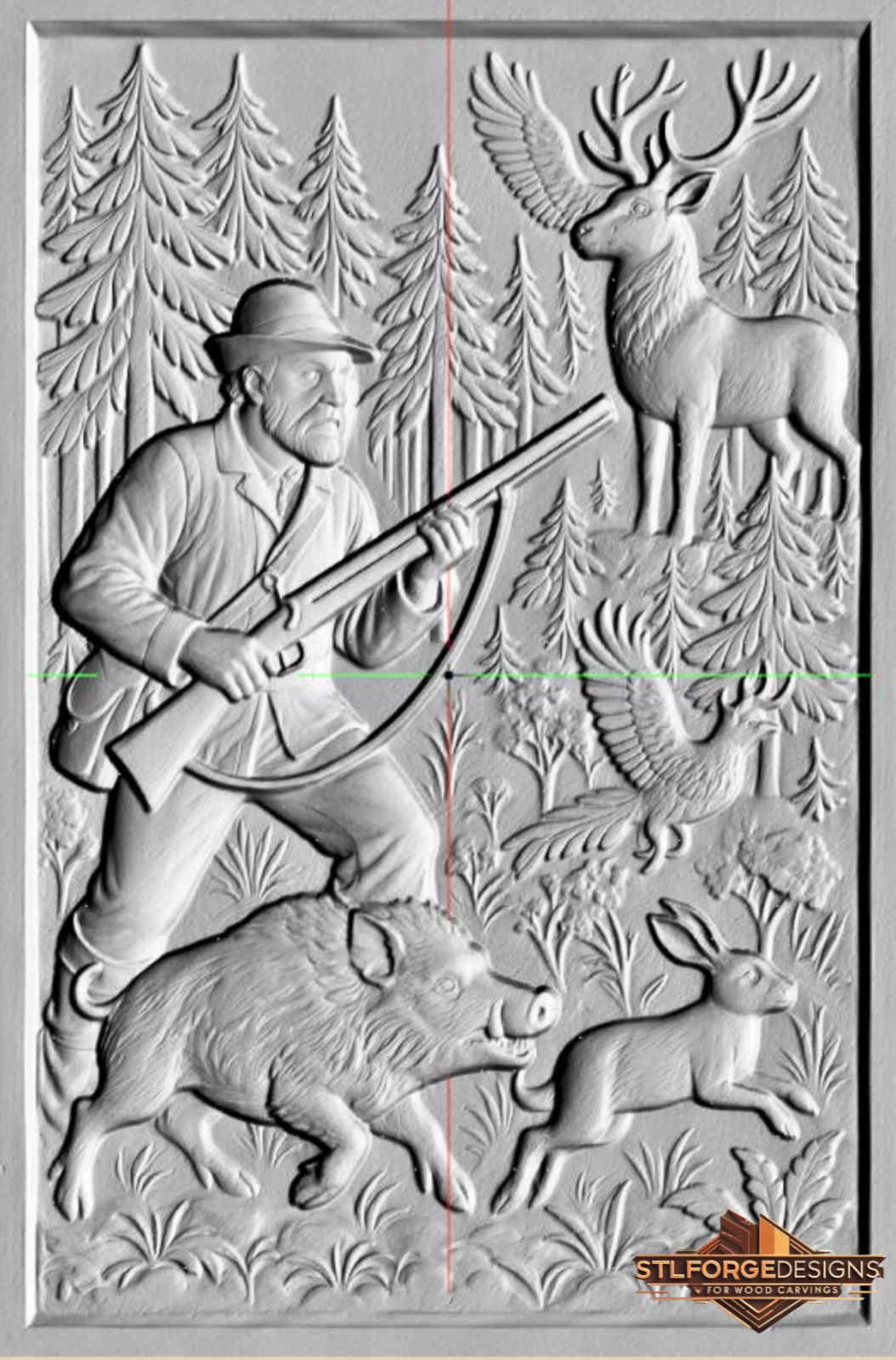 Hunter wildlife forest STL CNC wall panel — finished wood carving of hunter boar deer rabbit pheasant in forest vertical format frame, beech wood