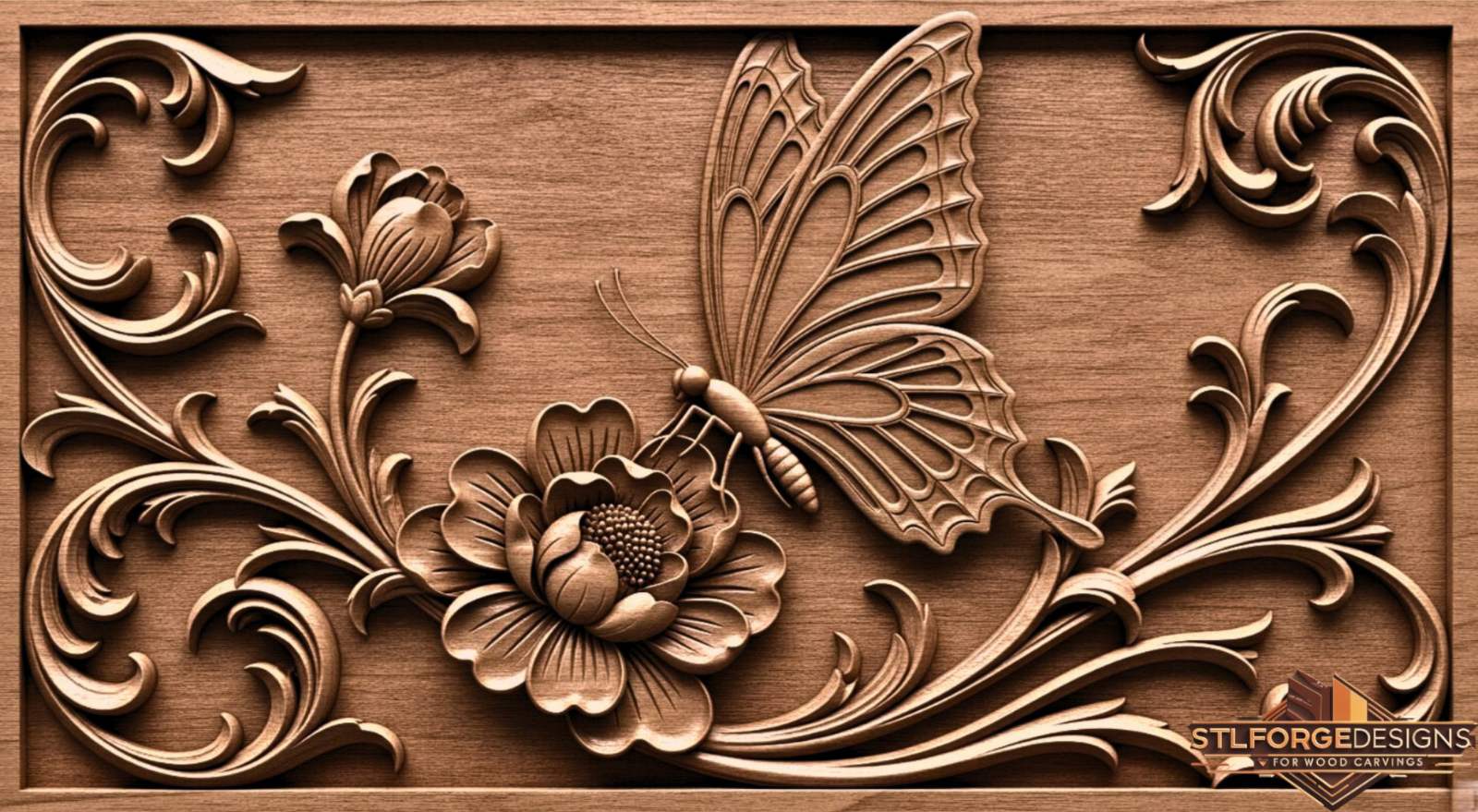 STL файл – Пеперуда с цветя и барокови орнаменти | 3D релеф за CNC | Пеперуда STL - Image 2