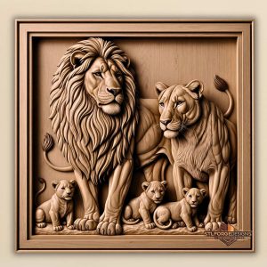 Lion family framed STL CNC wall panel — finished wood carving of lion lioness three cubs in rectangular frame classic style, beech wood