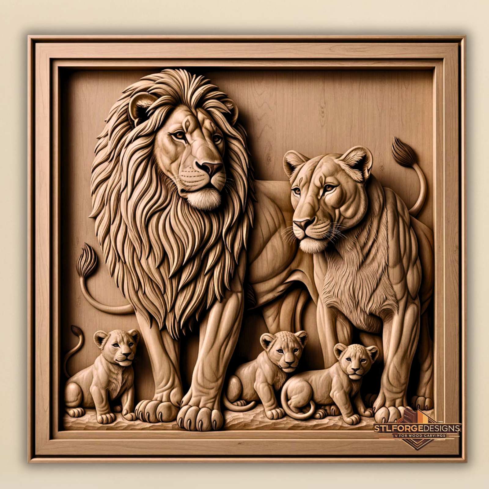 Lion family framed STL CNC wall panel — finished wood carving of lion lioness three cubs in rectangular frame classic style, beech wood