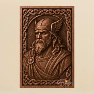 Odin bust STL CNC 3D relief — Allfather with winged helm and cloak in Celtic knotwork frame, wood carving model