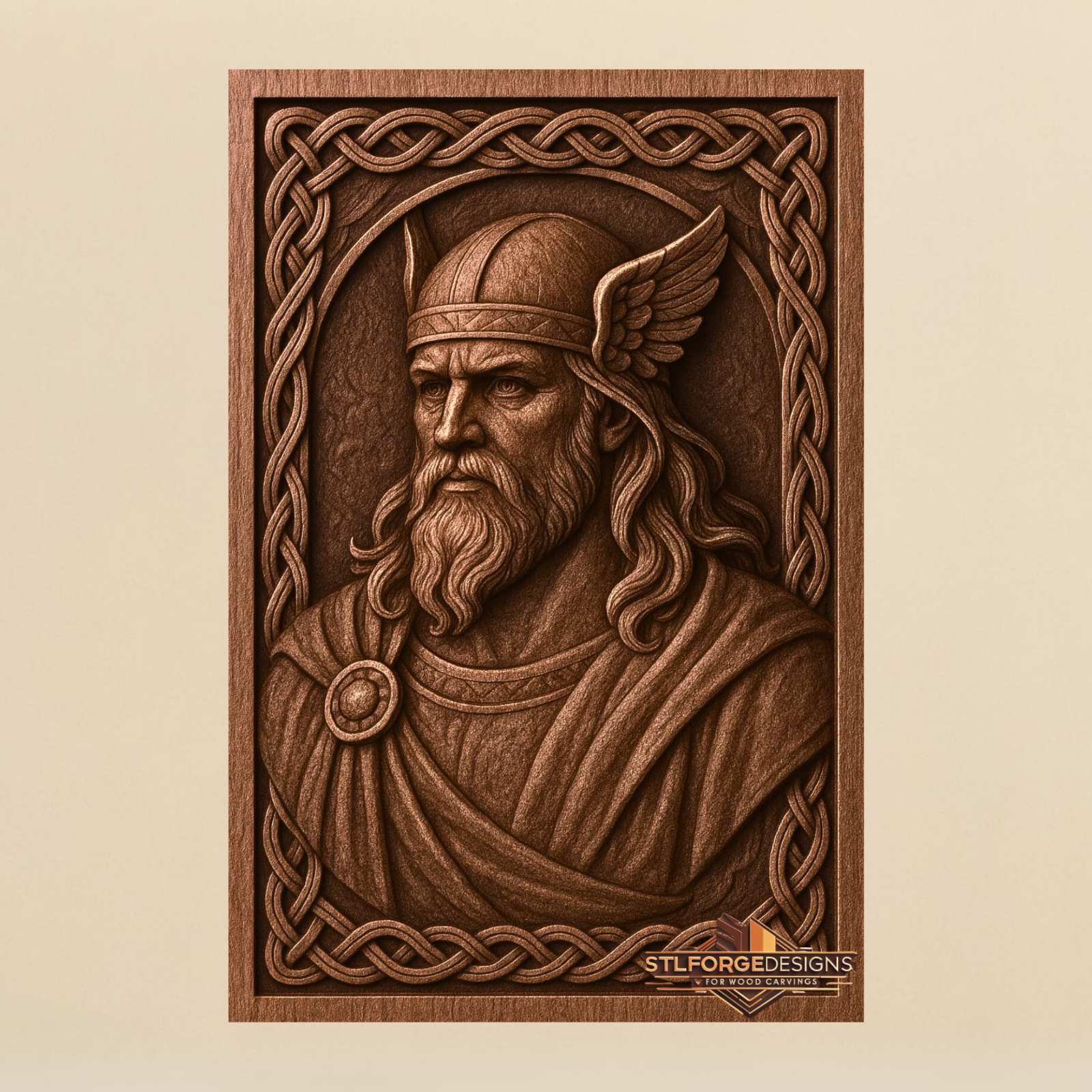 Odin bust STL CNC 3D relief — Allfather with winged helm and cloak in Celtic knotwork frame, wood carving model