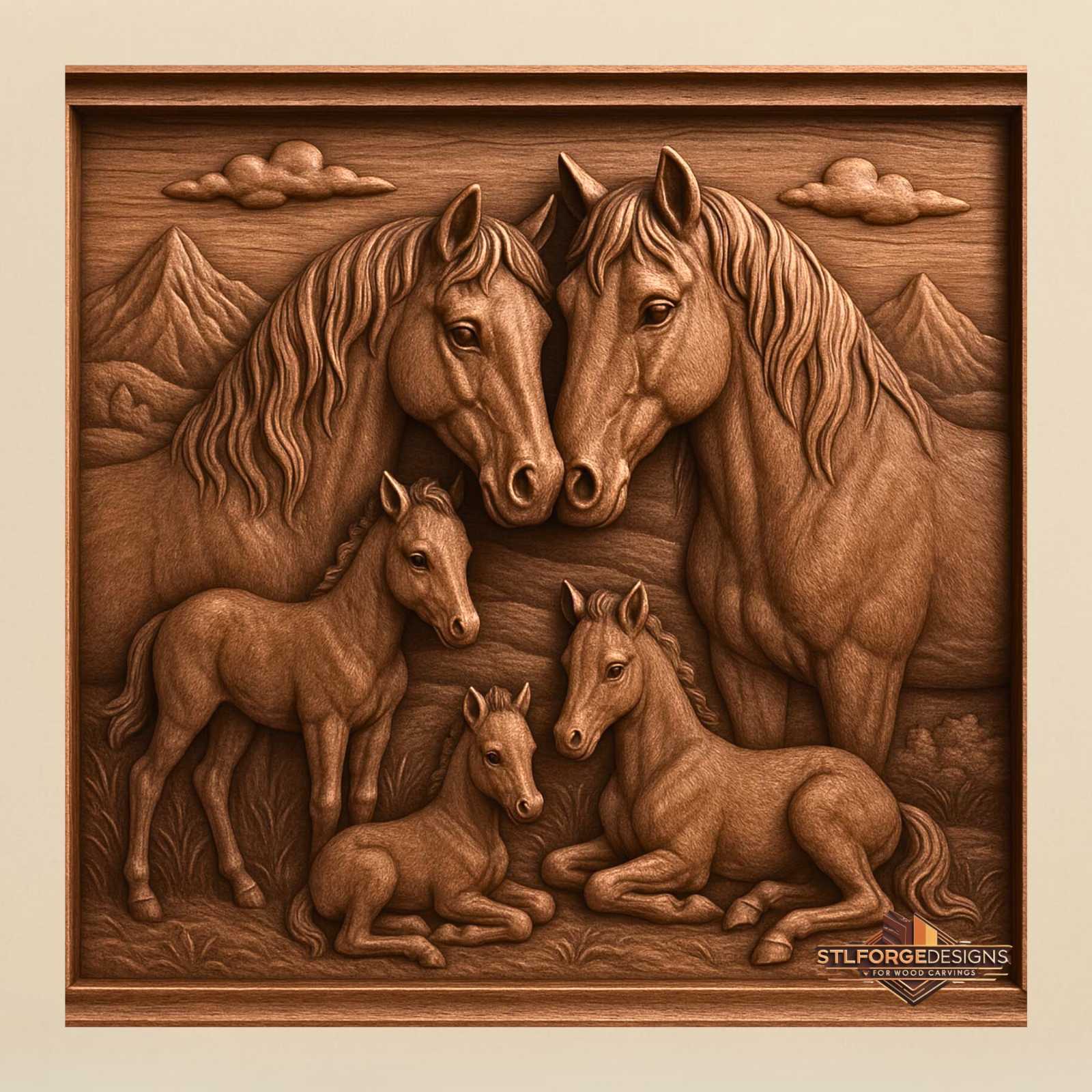 Horse family framed STL CNC wall panel — finished wood carving of horse family two horses three foals in square frame, beech wood