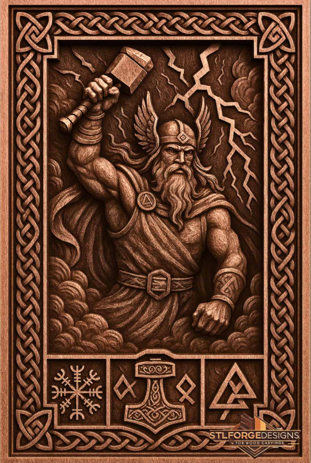 Detail STL CNC Thor Norse symbols — lower section with three symbols Vegvisir compass runic Mjolnir and Valknut of Odin in separate medallion panels