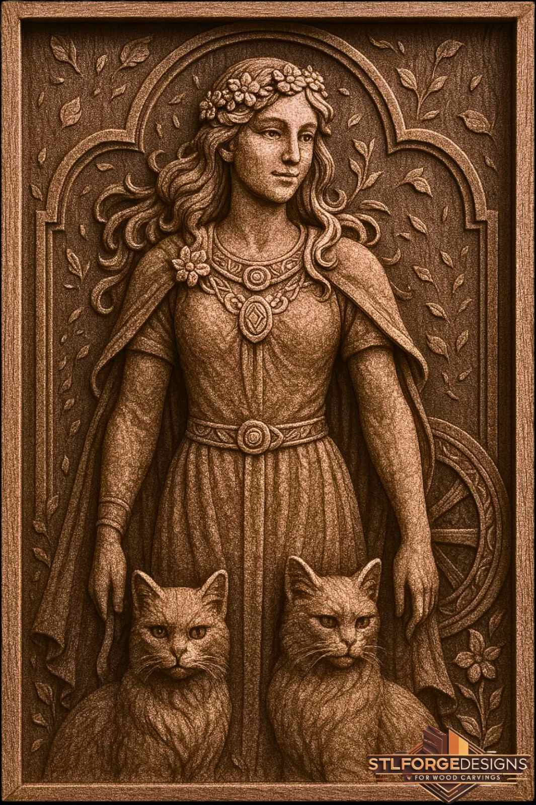 Detail STL CNC Freya Norse goddess — standing figure full height flower crown Celtic necklace two cats in front chariot wheel right floral background