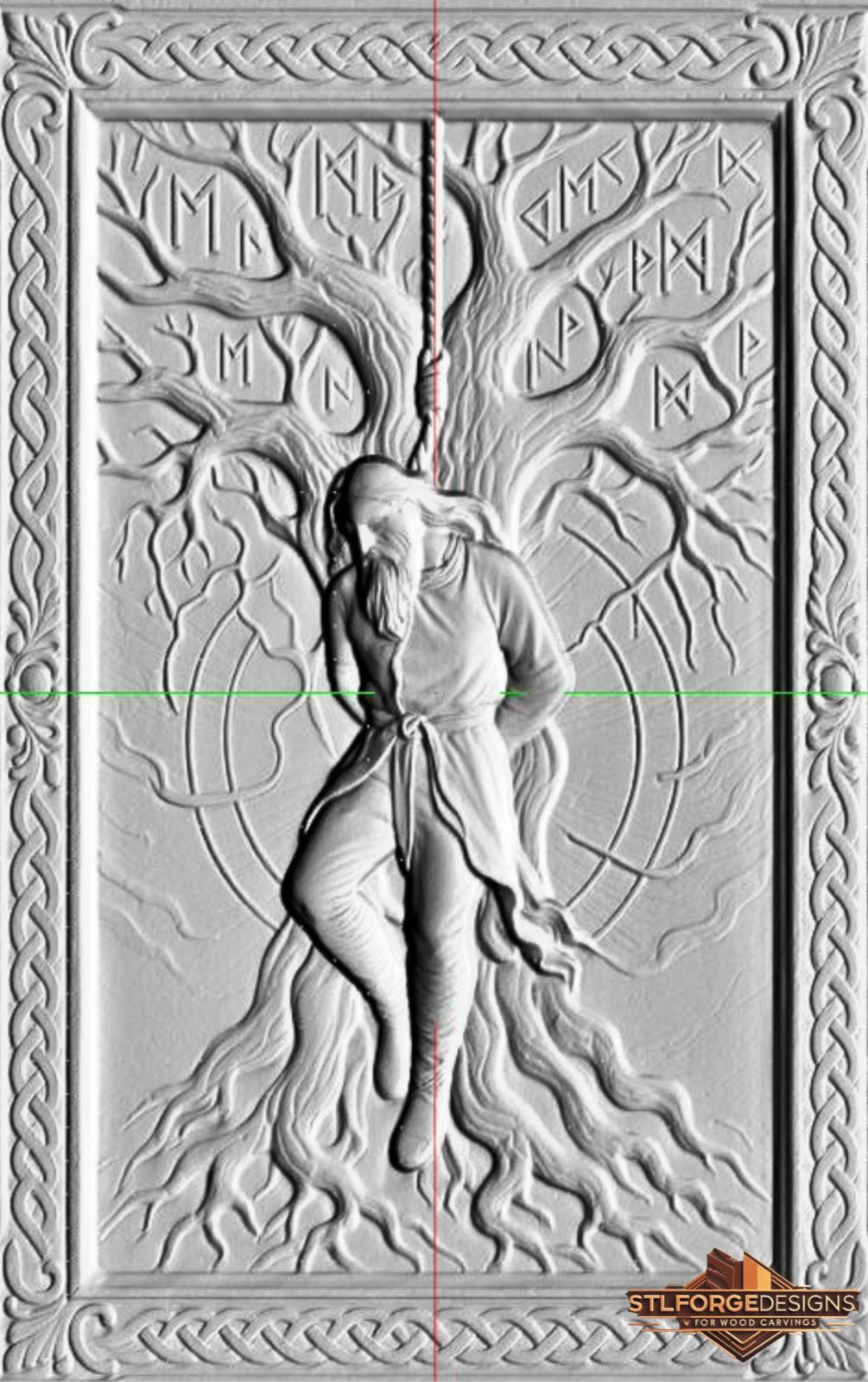 Detail STL CNC Odin Yggdrasil Norse — Odin hanging from rope on branch runes scattered in branches massive roots below and Celtic knotwork frame