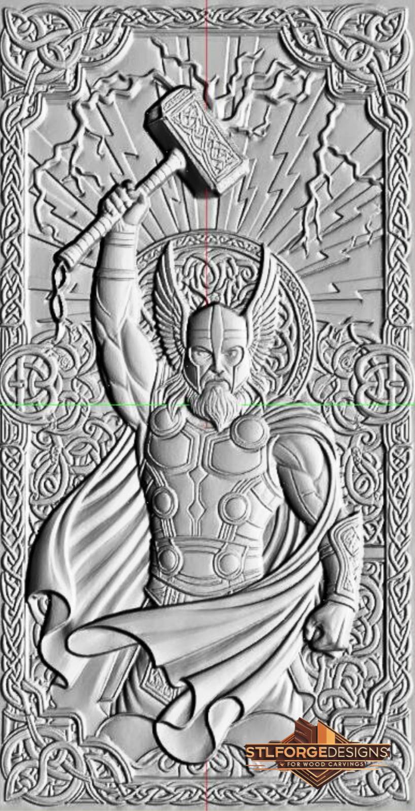 Detail STL CNC Thor guardian Norse — full armor with medallions Celtic knotwork Mjolnir Celtic halo behind head geometric lightning billowing cloak Celtic spiral background