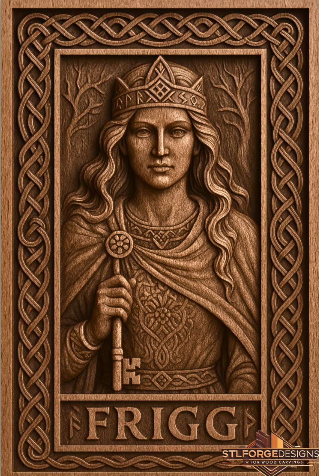 Frigg goddess viking STL CNC detail — close-up of runic crown and detailed face of Frigg with knotwork clothing and key, deep 3D relief