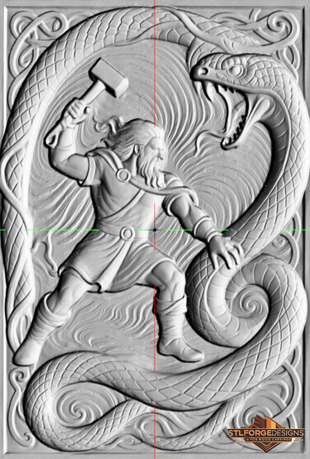 Тор Йормунганд реалистичен STL CNC 3D релеф — Norse реалистична битка Тор без броня с Мьолнир змията хваща ръката вихров дървесен фон и Celtic ъгли модел за дърворезба
