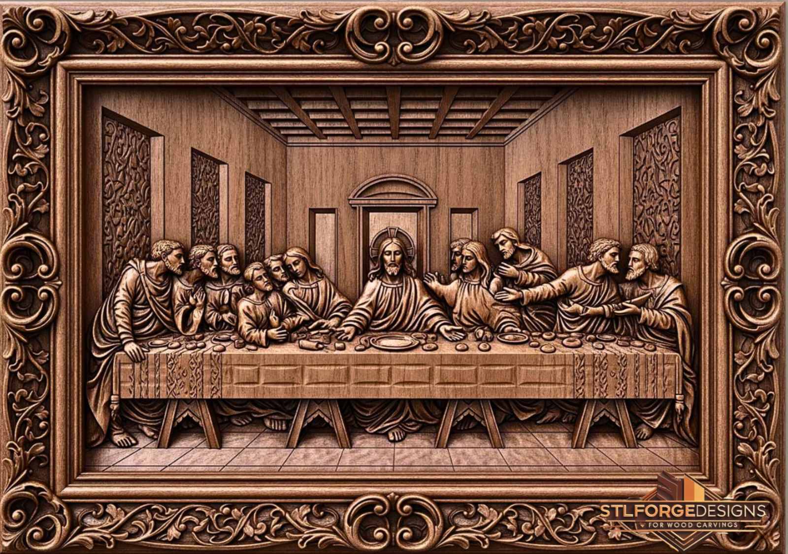 Detail STL CNC Last Supper — Christ at center with halo apostles grouped on both sides perspective room with coffered ceiling and floral panels