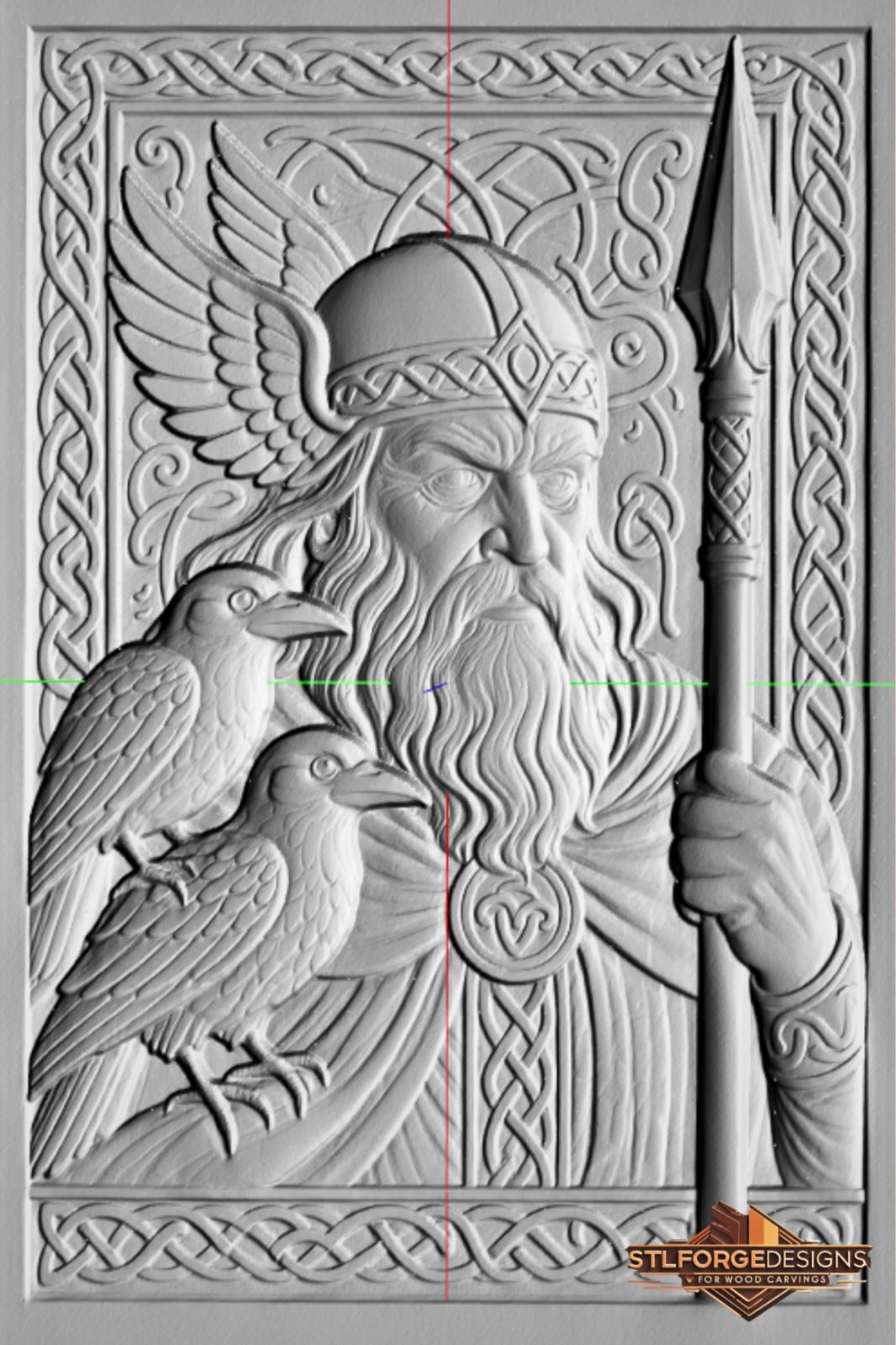 Odin helmet portrait STL CNC detail — close-up of Viking helmet with knotwork ornament and Odin's commanding eyes, deep 3D relief