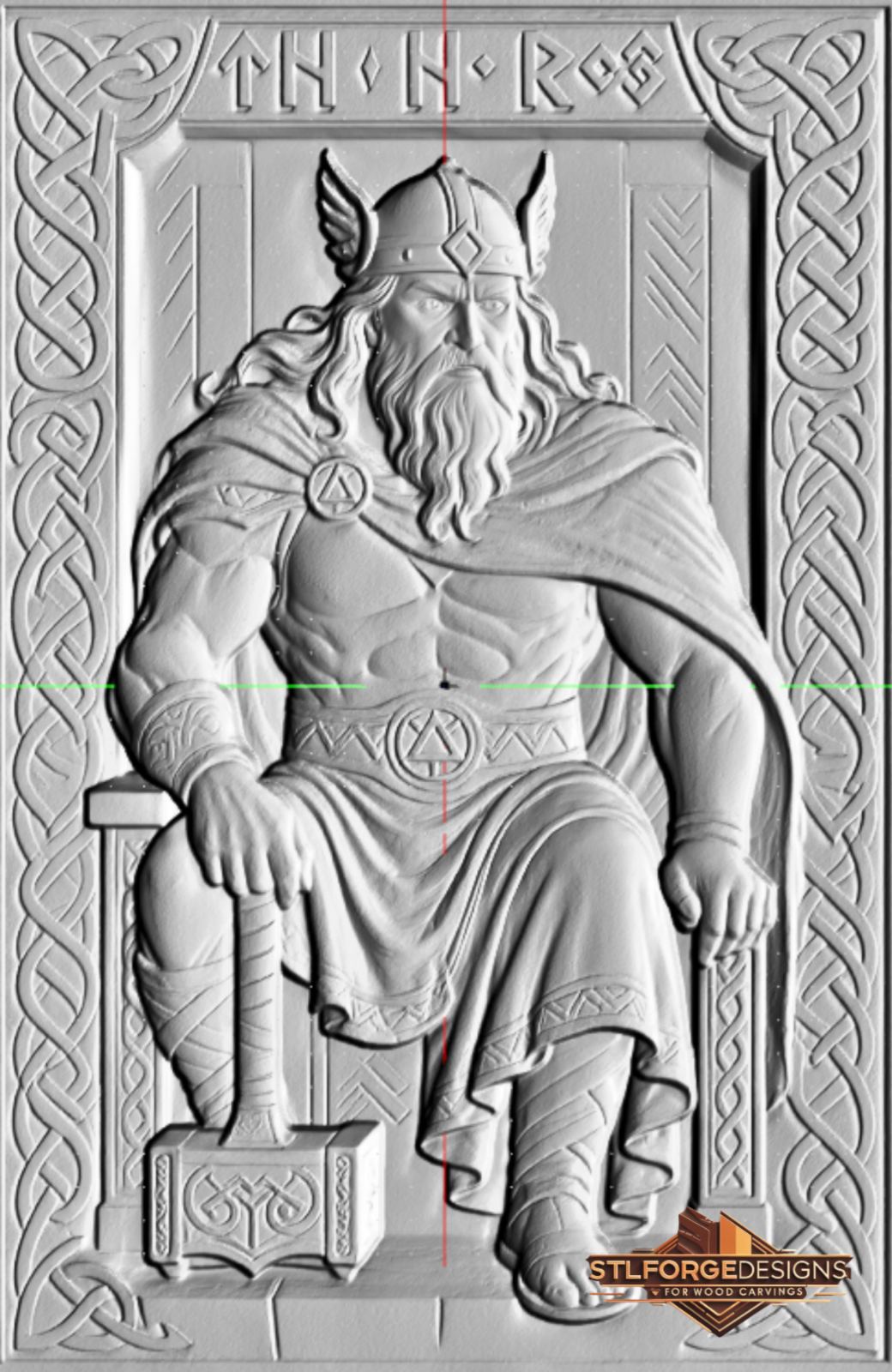 Detail STL CNC Thor seated throne Norse mythology — Viking god with Aegishjalmur symbols winged helmet and wood texture background in Celtic knotwork frame
