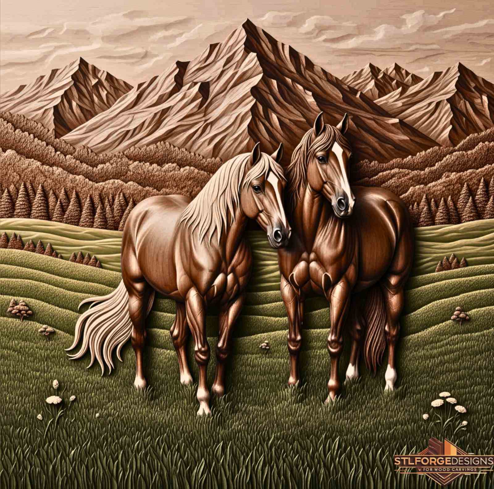 two horses CNC wood carving gentle scene mountains meadow STL file
