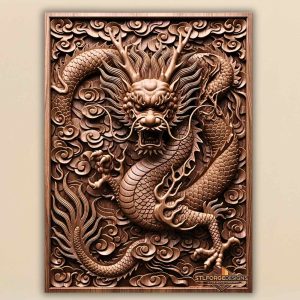 Imperial dragon STL CNC 3D relief — Chinese dragon with open jaws clouds and flames frontal pose, detailed scales, wood carving model