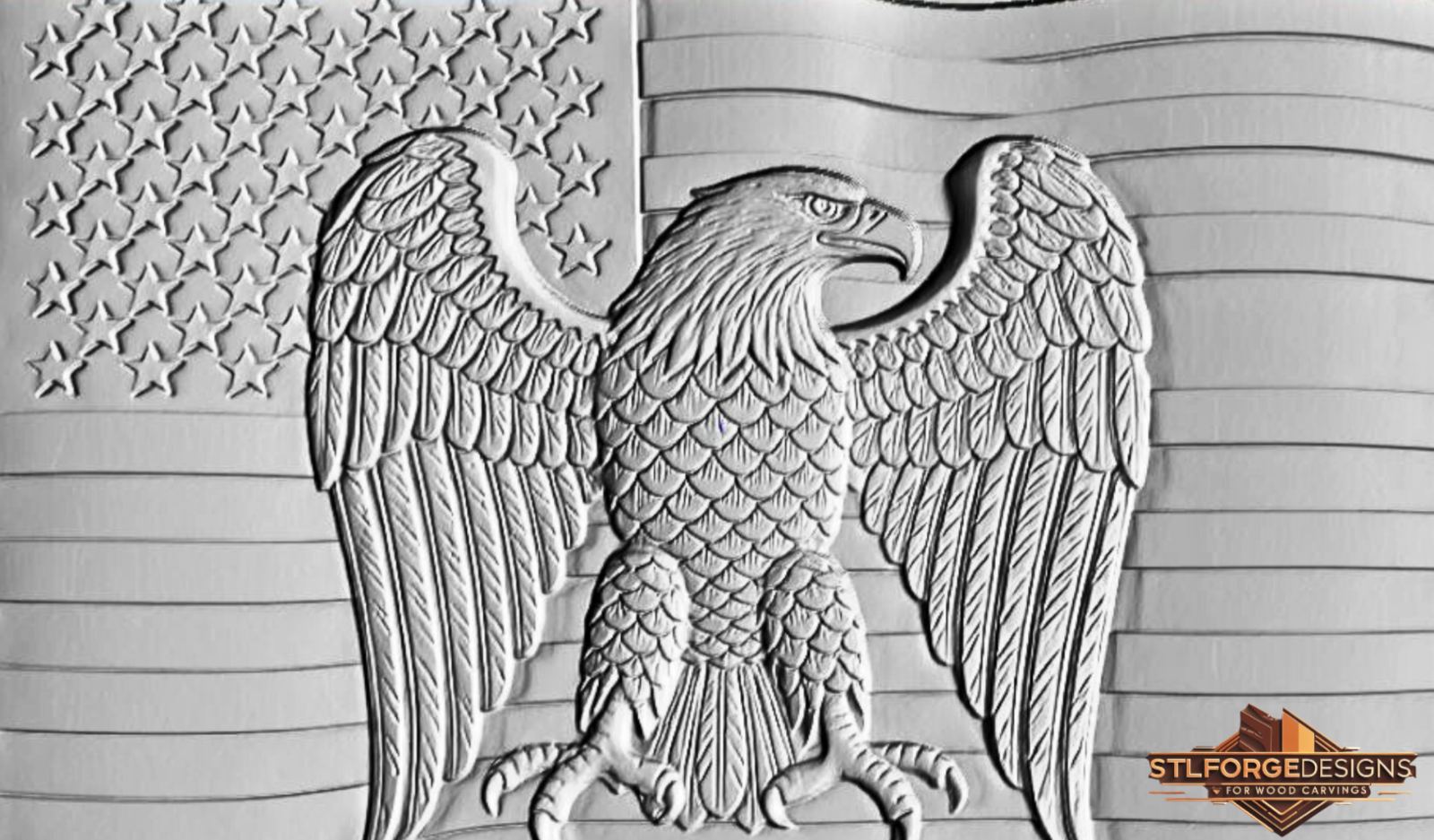 Bald Eagle Wavy Flag STL File – 3D Relief CNC Wood Carving | Patriotic Eagle American Flag Panel