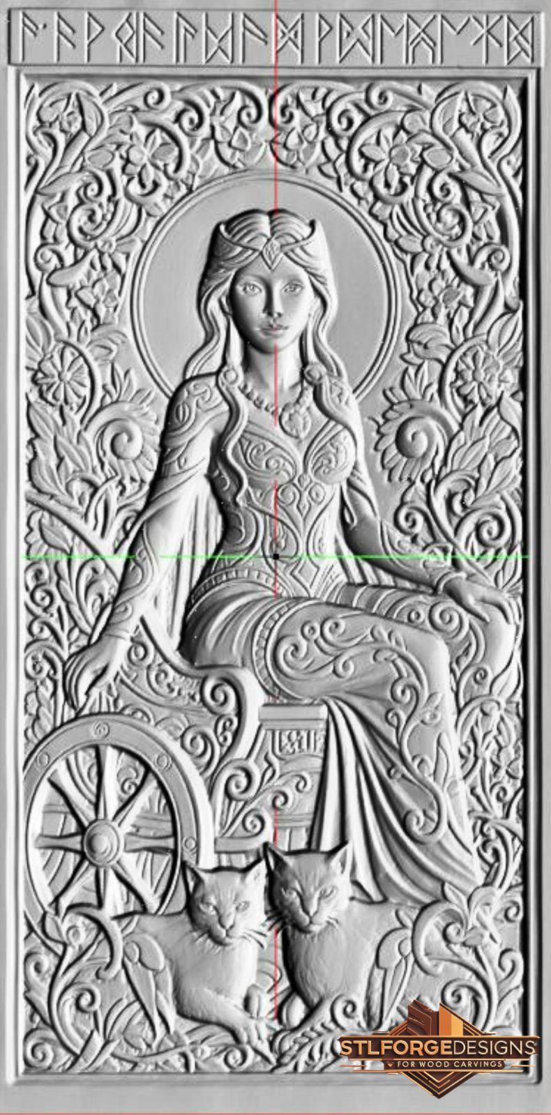 Freya CNC model detail — wood relief with goddess on throne, Brísingamen, cats and floral ornaments, high resolution STL