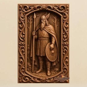 Odin wanderer forest STL CNC router 3D relief — Norse god Odin full body in forest with Gungnir spear circular shield wide cloak winged helmet and baroque arch frame wood carving model