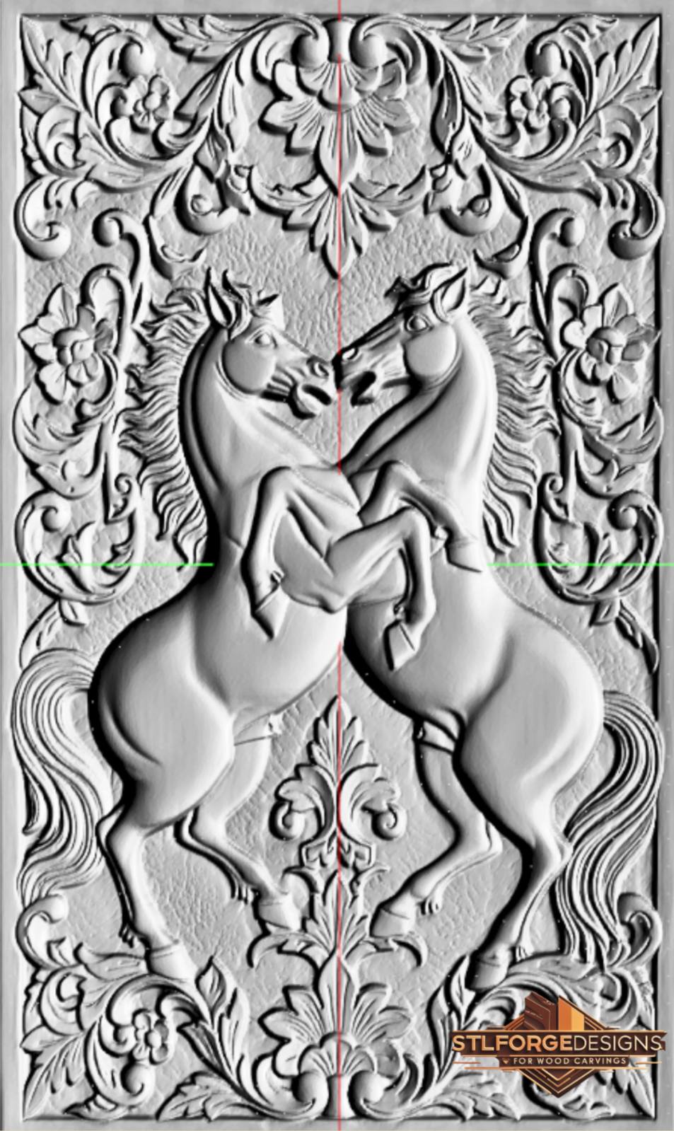 Rearing horses baroque STL CNC detail — close-up of rearing horse forelegs and flowing manes, deep 3D relief with floral background texture
