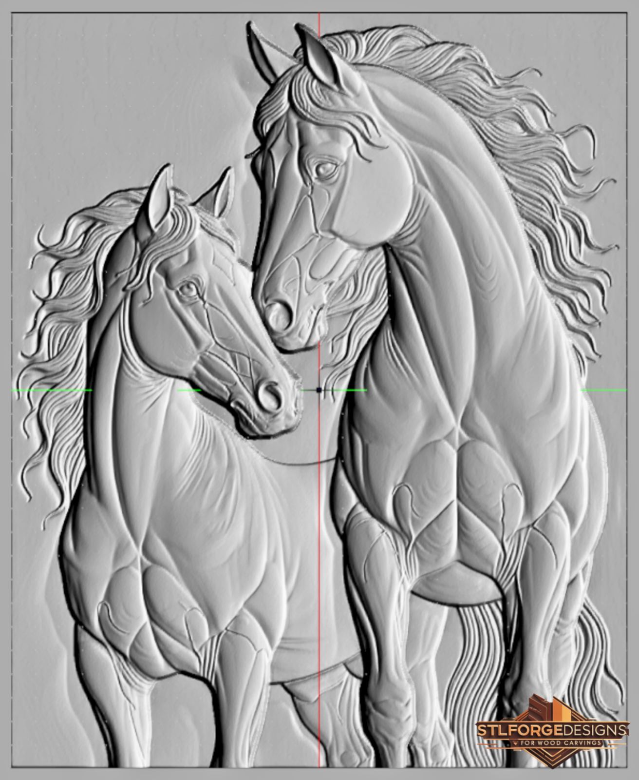 Horses nuzzling intimate STL CNC detail — close-up of two horse noses touching with detailed eyes and skin texture, deep 3D relief