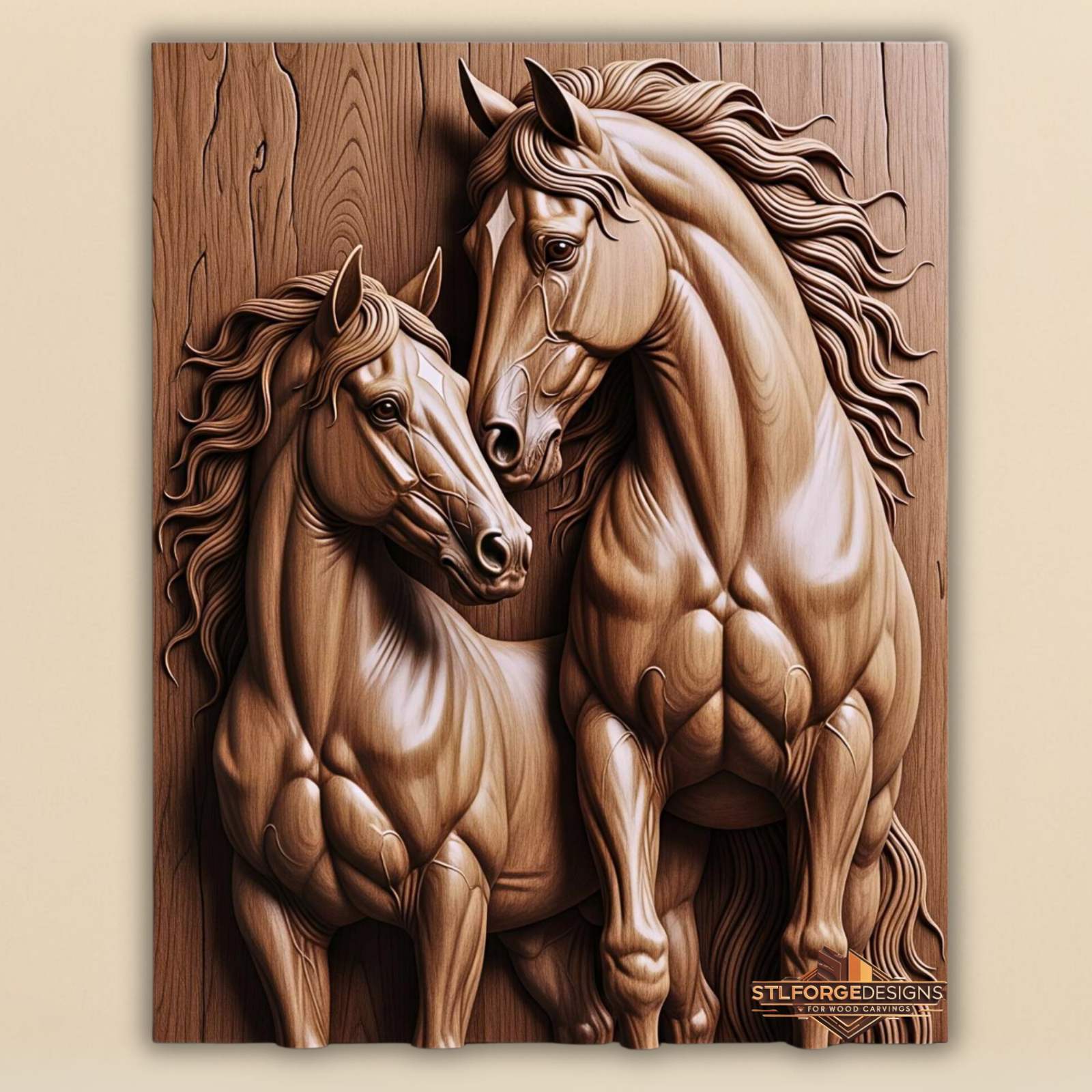 Horses nuzzling intimate STL CNC 3D relief — two horses gently touching noses in deeply intimate pose modern sculptural style no frame, wood carving model