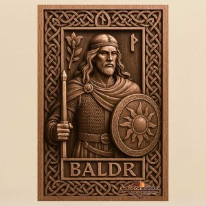 STL file Baldur warrior shield CNC wood carving — BALDR inscription below runes in frame Celtic knotwork CNC-ready for Aspire ArtCAM Fusion 360