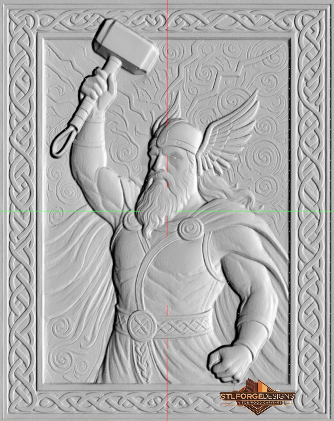 Detail STL CNC Thor attacking diagonal — Mjolnir raised above frame lightning spiral background winged helmet Celtic braided frame diagonal dynamic pose