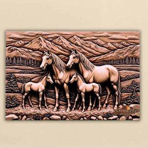 Horse family mountains STL CNC 3D relief — two horses with two foals in dramatic alpine landscape with pine trees rocks and clouds no frame, wood carving model