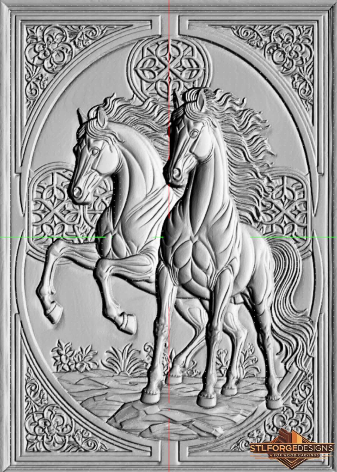 Horses celtic frame STL CNC wall panel — finished wood carving of two horses oval medallion celtic knots and flowers, beech wood