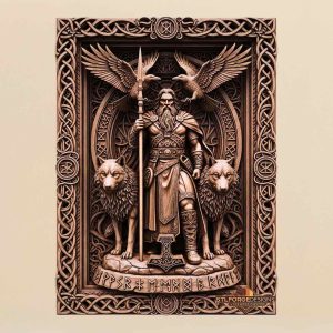 Odin Allfather standing pantheon STL CNC router 3D relief — Norse god Odin upright with Gungnir two ravens with spread wings above two wolves on sides Mjolnir below runic inscription Vegvisir above and Celtic knotwork frame wood carving model