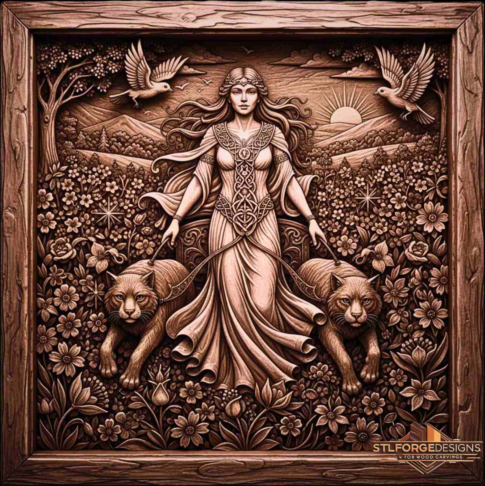 Freya CNC model detail — wood relief with goddess leading cats through flowers and rising sun, high resolution STL