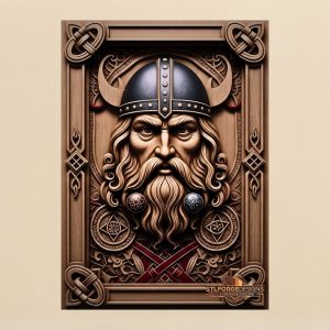 Viking warrior portrait horned helmet STL CNC router 3D relief — Norse Viking warrior with riveted horned helmet long beard two medallions Norse symbols below and Celtic knotwork corner accents wood carving model