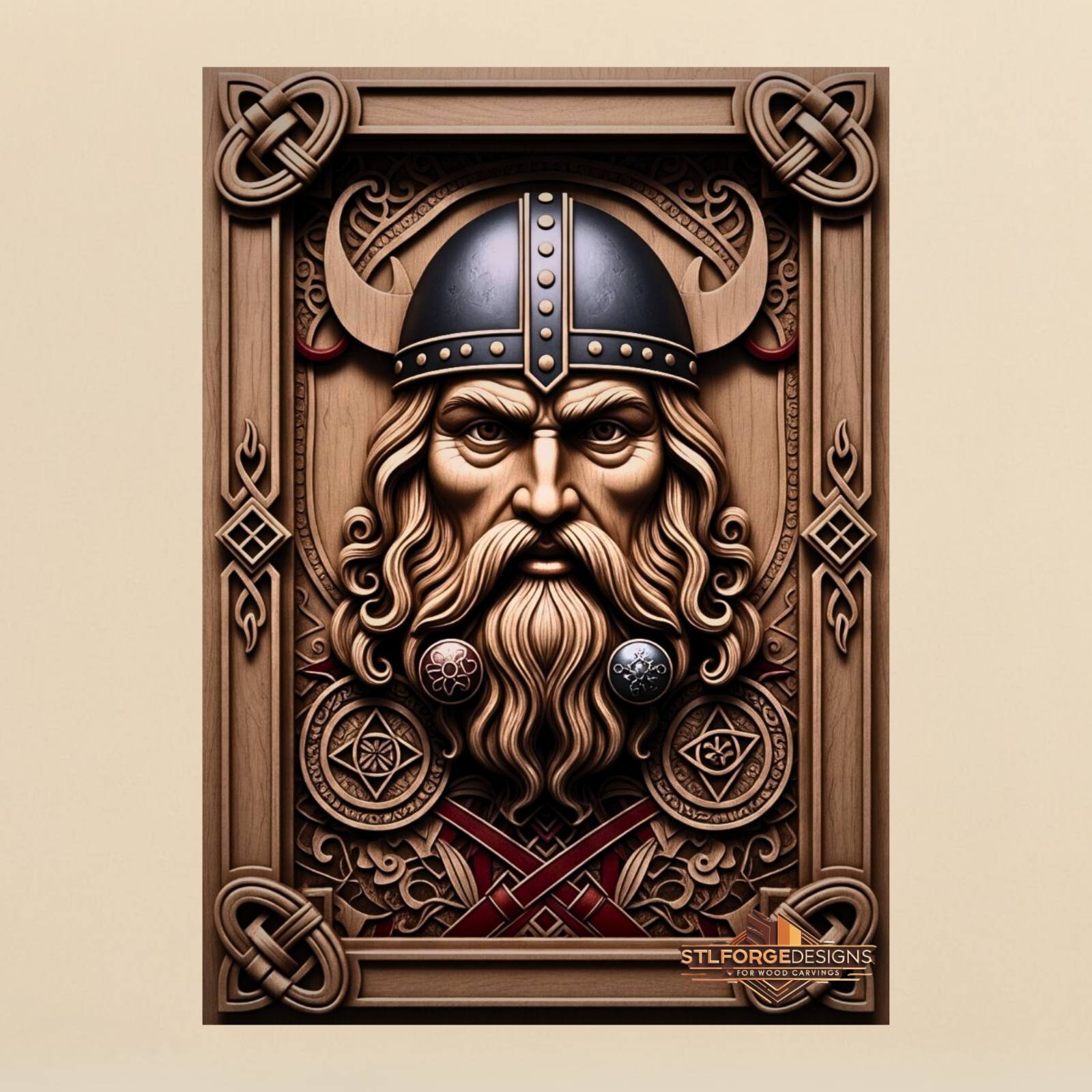 Viking warrior portrait horned helmet STL CNC router 3D relief — Norse Viking warrior with riveted horned helmet long beard two medallions Norse symbols below and Celtic knotwork corner accents wood carving model